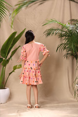 Pink Floral Embroidered Three Tiered Dress with Tie Up Baloon Sleeves