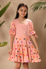 Pink Floral Embroidered Three Tiered Dress with Tie Up Baloon Sleeves