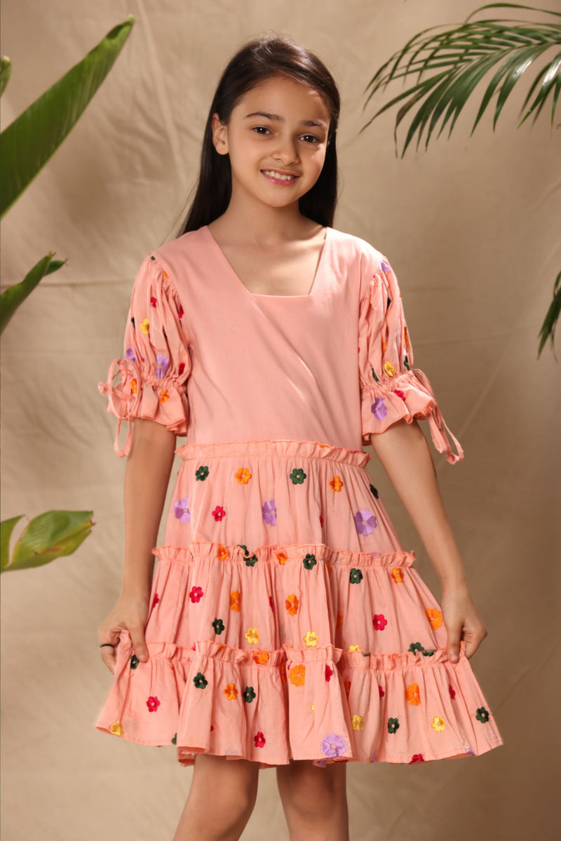 Pink Floral Embroidered Three Tiered Dress with Tie Up Baloon Sleeves