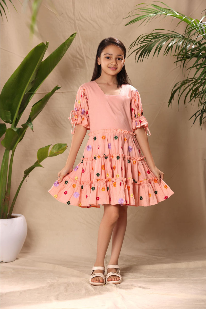 Pink Floral Embroidered Three Tiered Dress with Tie Up Baloon Sleeves