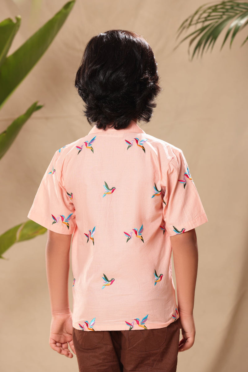 Pink Half Side Birds Embroidered Blazer Style Shirt