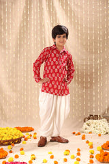 Red Floral Print Short Kurta with Dhoti Salwar