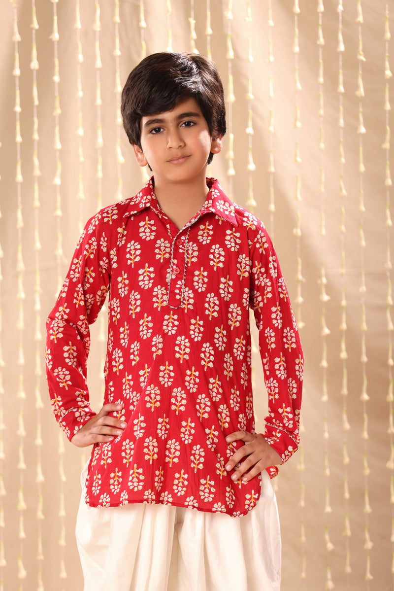 Red Floral Print Short Kurta with Dhoti Salwar