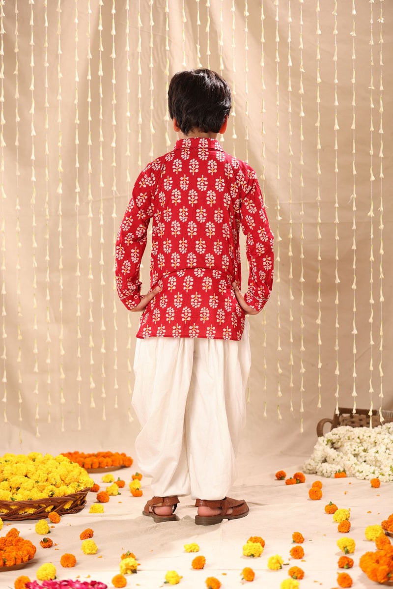 Red Floral Print Short Kurta with Dhoti Salwar