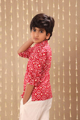 Red Ikat Short Kurta with White Pant Co-ord Set