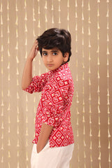 Red Ikat Short Kurta with White Pant Co-ord Set