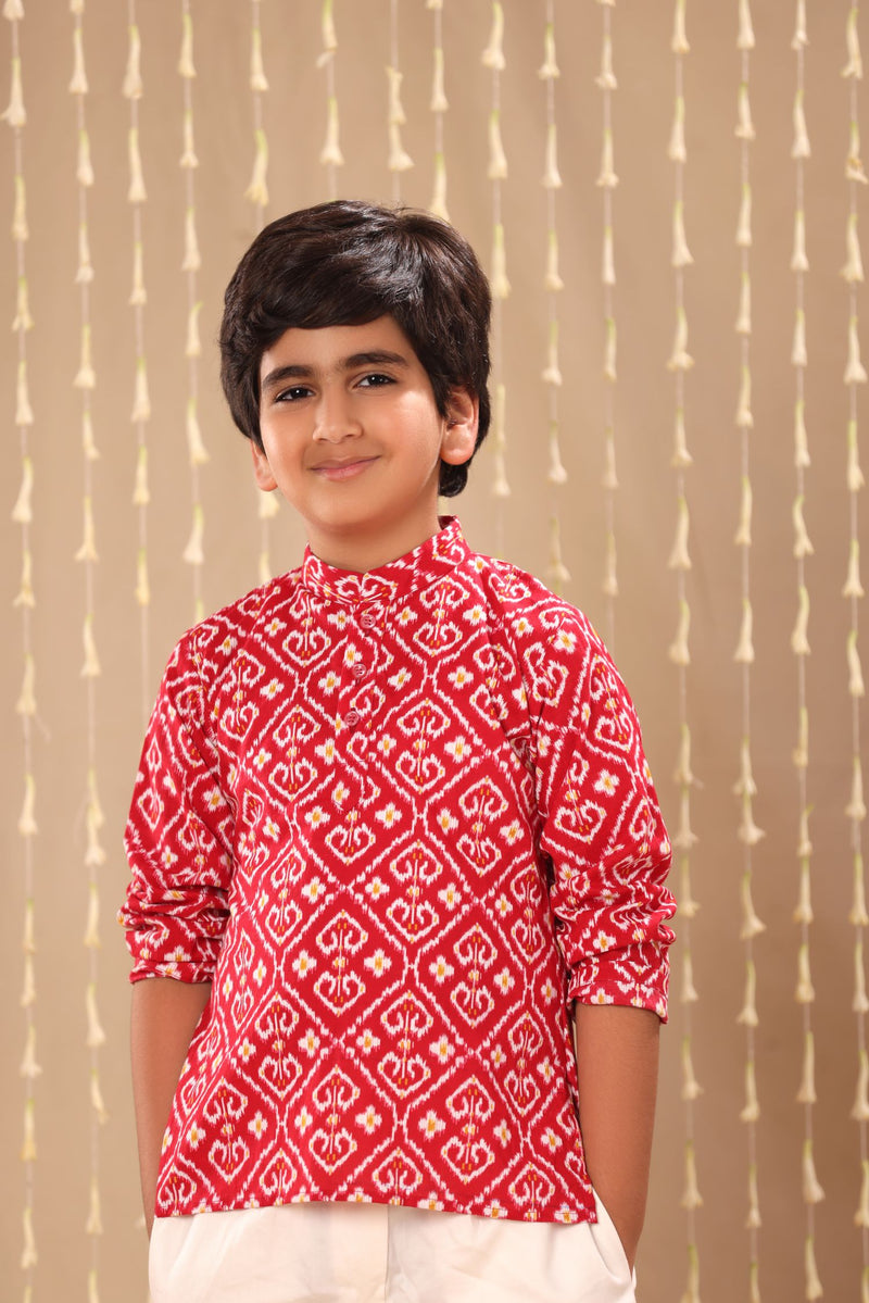 Red Ikat Short Kurta with White Pant Co-ord Set