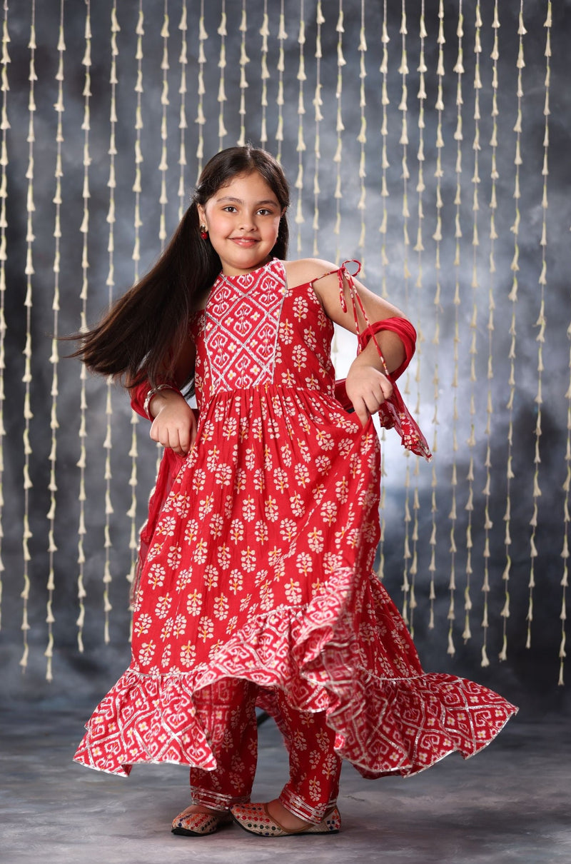 Red Jaipuri Double Print Long Kurta Frock Suit Set
