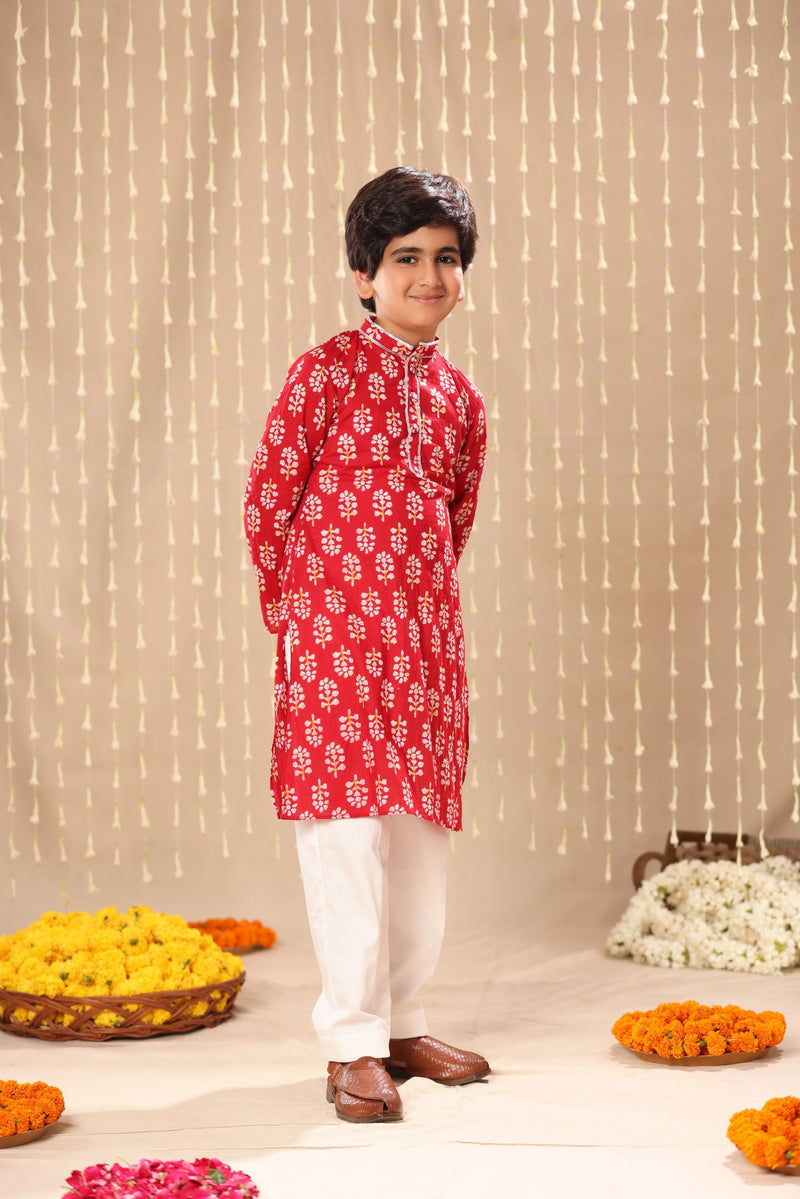 Red Jaipuri Handblock Floral Print Long Kurta Co-ord Set