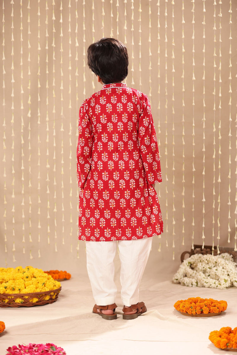 Red Jaipuri Handblock Floral Print Long Kurta Co-ord Set