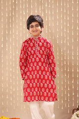 Red Jaipuri Handblock Floral Print Long Kurta Co-ord Set