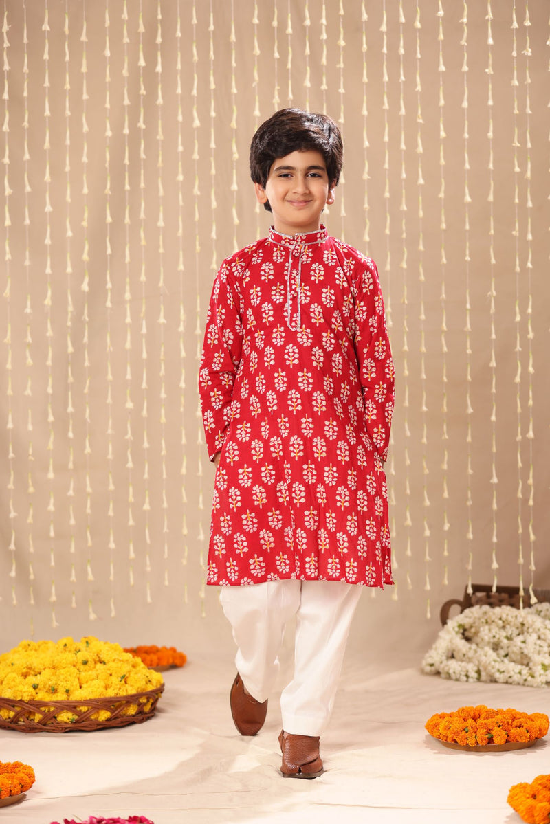 Red Jaipuri Handblock Floral Print Long Kurta Co-ord Set