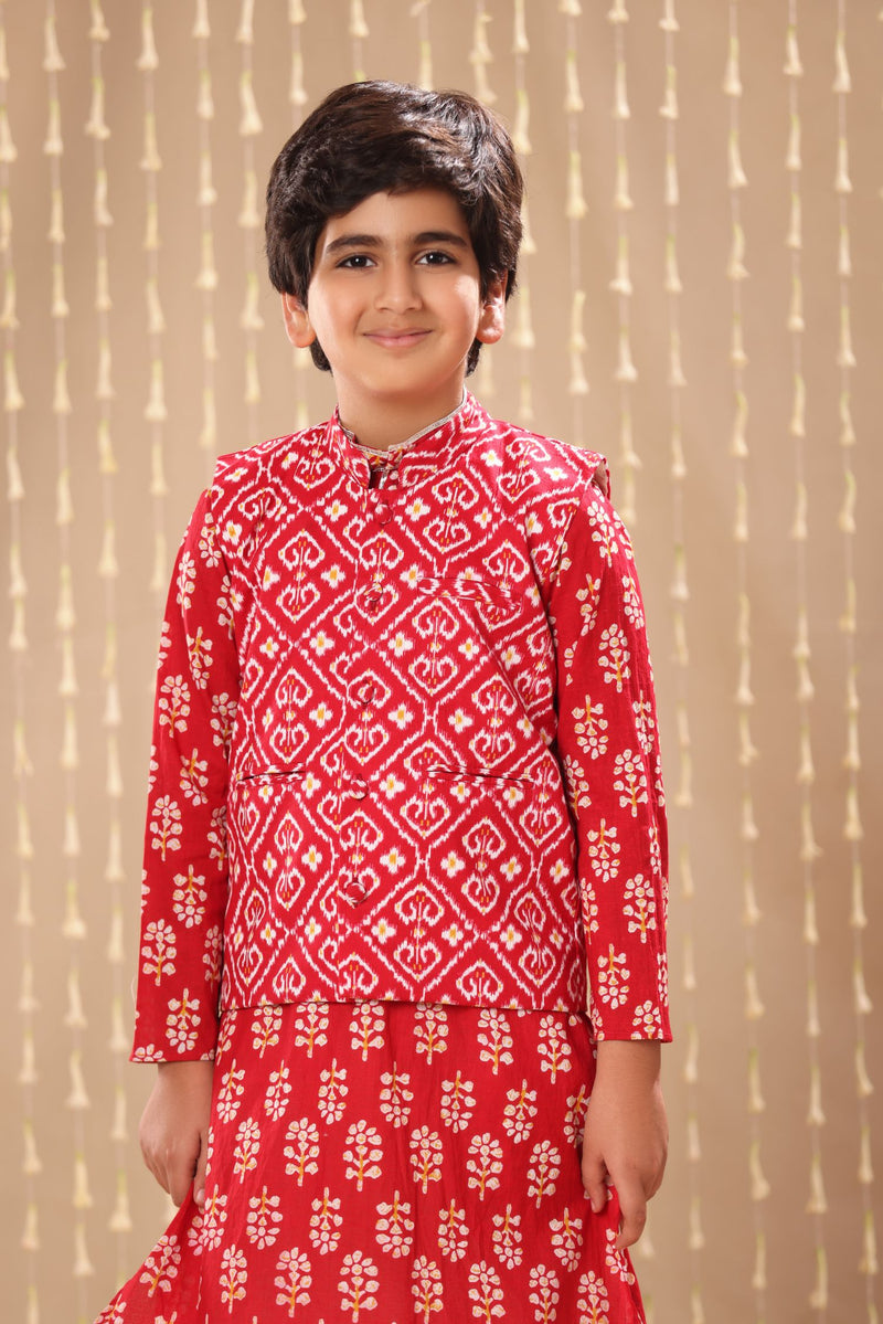 Red Jaipuri Handblock Floral  Print Long Kurta Co-ord Set with Red Ikat Print Jacket