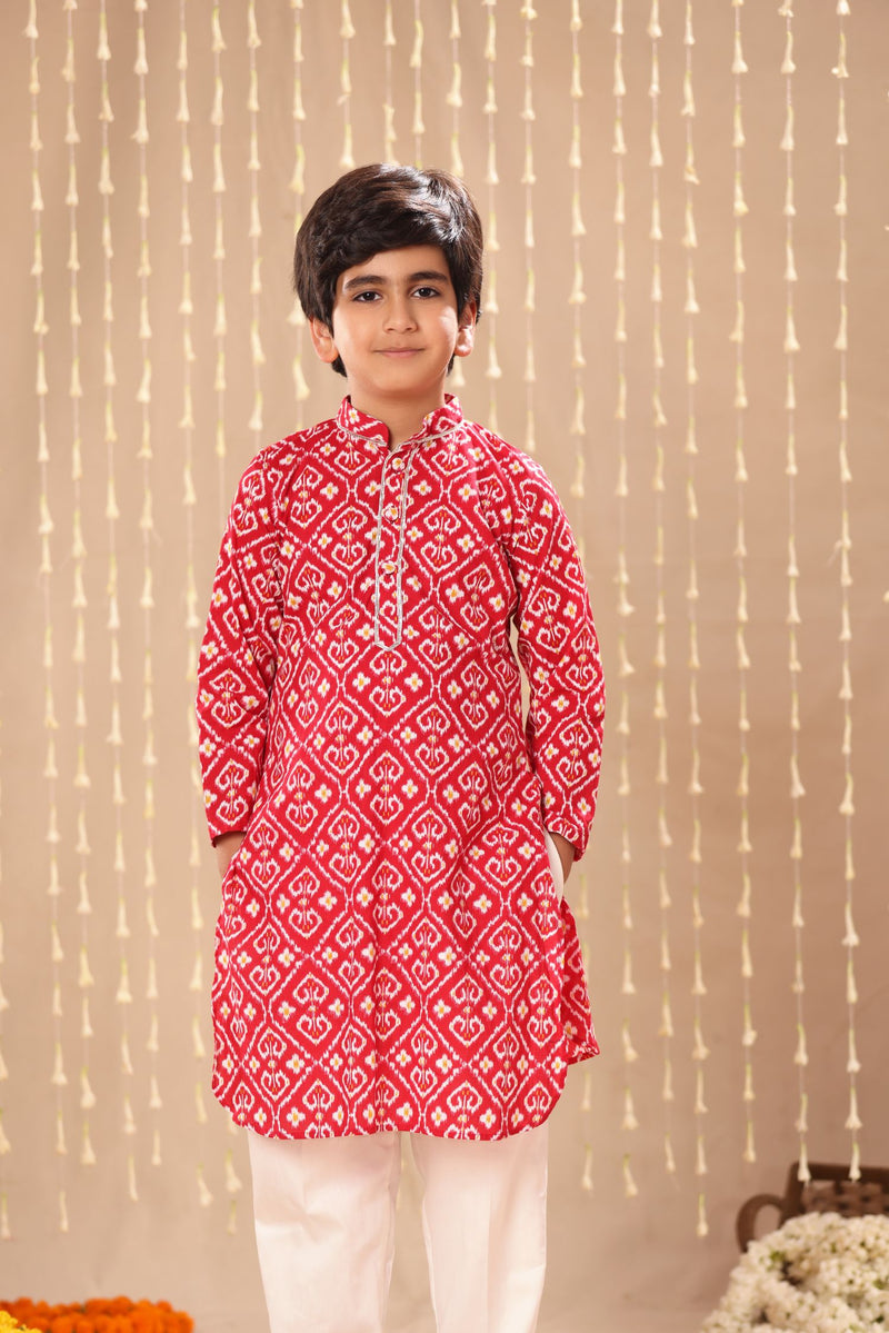 Red Jaipuri Handblock Ikat Print Long Kurta Co-ord Set