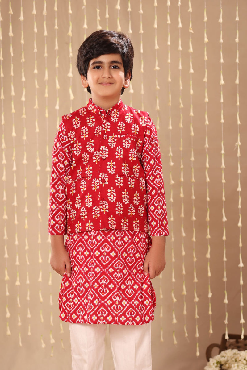 Red Jaipuri Handblock Ikat Print Long Kurta Co-ord Set with Red Floral Print Jacket