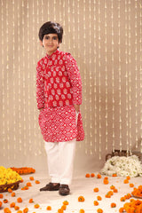 Red Jaipuri Handblock Ikat Print Long Kurta Co-ord Set with Red Floral Print Jacket