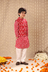 Red Jaipuri Handblock Ikat Print Long Kurta Co-ord Set with Red Floral Print Jacket