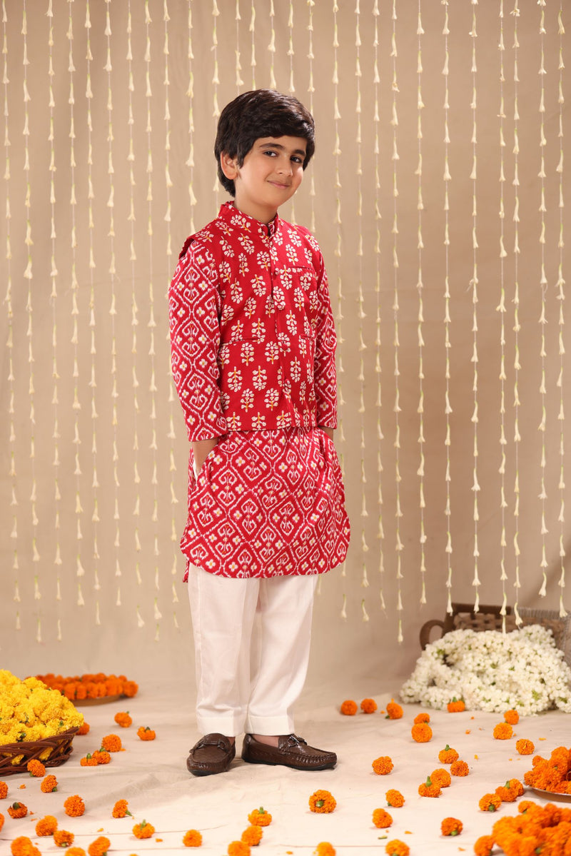 Red Jaipuri Handblock Ikat Print Long Kurta Co-ord Set with Red Floral Print Jacket