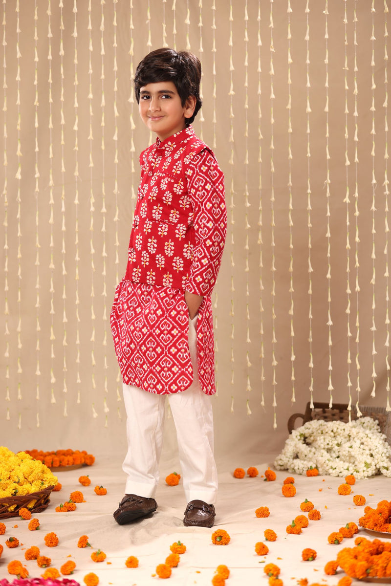 Red Jaipuri Handblock Ikat Print Long Kurta Co-ord Set with Red Floral Print Jacket