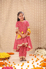 Red Jaipuri Ikat Print High-Low  Anarkarli with Pant suit set