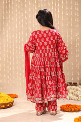 Red Jaipuri Print Balloon Sleeve Maxi with Pant Suit Set