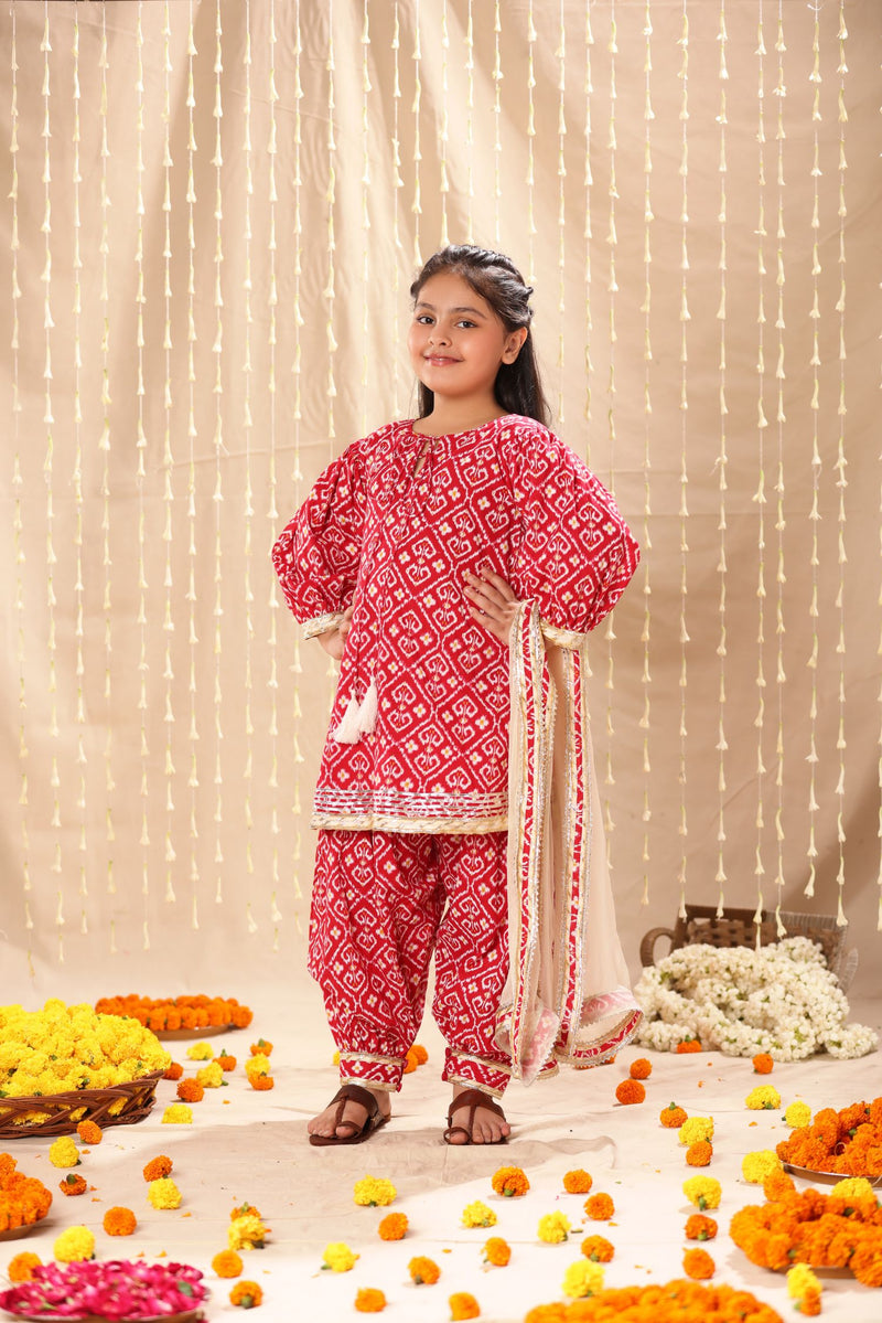 Red Jaipuri Print Kurta with Salwar Suit Set