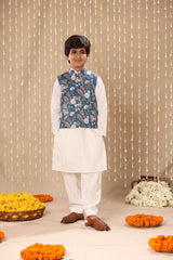 White Kurta Pyjama Co-ord Set with Blue Jaipuri Floral Print Jacket