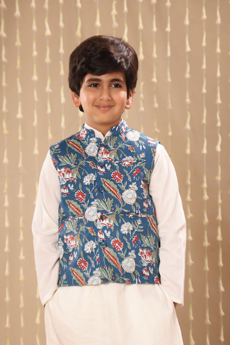 White Kurta Pyjama Co-ord Set with Blue Jaipuri Floral Print Jacket