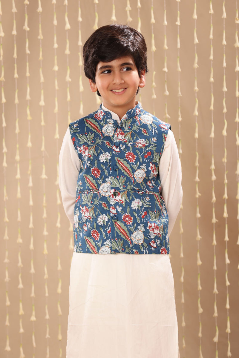 White Kurta Pyjama Co-ord Set with Blue Jaipuri Floral Print Jacket