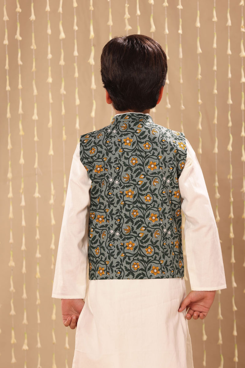 White Kurta Pyjama Co-ord Set with Grey Jaipuri Floral Print Jacket