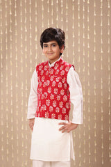 White Kurta Pyjama Co-ord Set with Red Jaipuri Floral Print Jacket