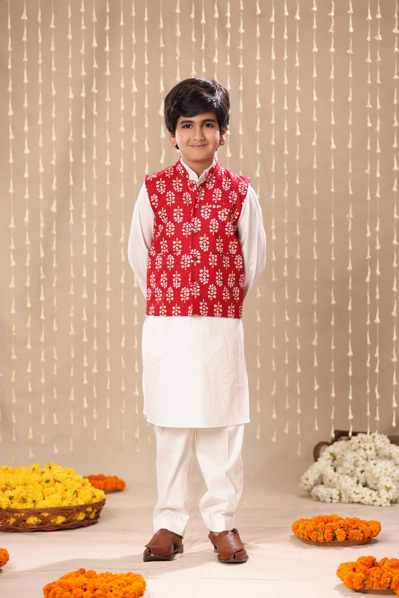 White Kurta Pyjama Co-ord Set with Red Jaipuri Floral Print Jacket