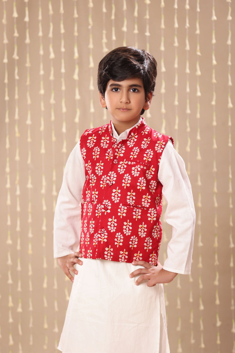 White Kurta Pyjama Co-ord Set with Red Jaipuri Floral Print Jacket