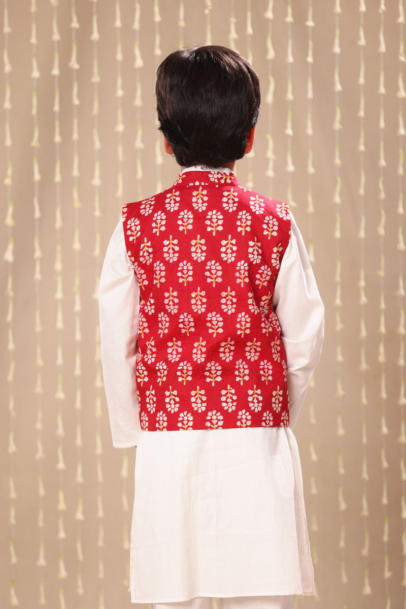 White Kurta Pyjama Co-ord Set with Red Jaipuri Floral Print Jacket
