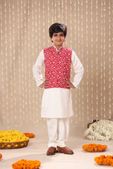 White Kurta Pyjama Co-ord Set with Red Jaipuri Ikat Print Jacket