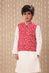 White Kurta Pyjama Co-ord Set with Red Jaipuri Ikat Print Jacket
