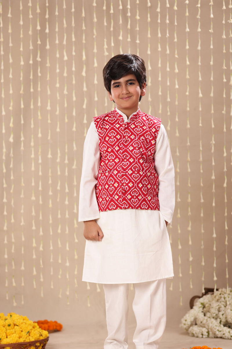 White Kurta Pyjama Co-ord Set with Red Jaipuri Ikat Print Jacket