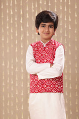 White Kurta Pyjama Co-ord Set with Red Jaipuri Ikat Print Jacket