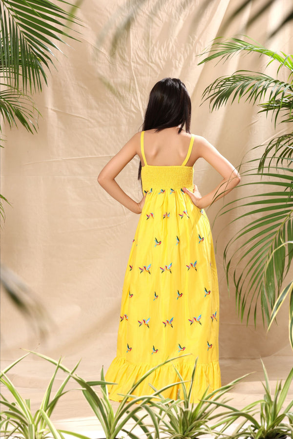 Yellow Birds Embroidered Maxi Dress with Bottom Tier
