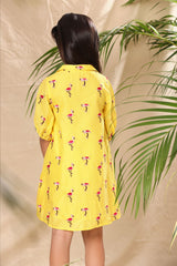 Yellow Flamingo Embroidered A- Line Collar Dress with Baloon Sleeve