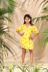 Yellow Flamingo Embroidered A- Line Collar Dress with Baloon Sleeve