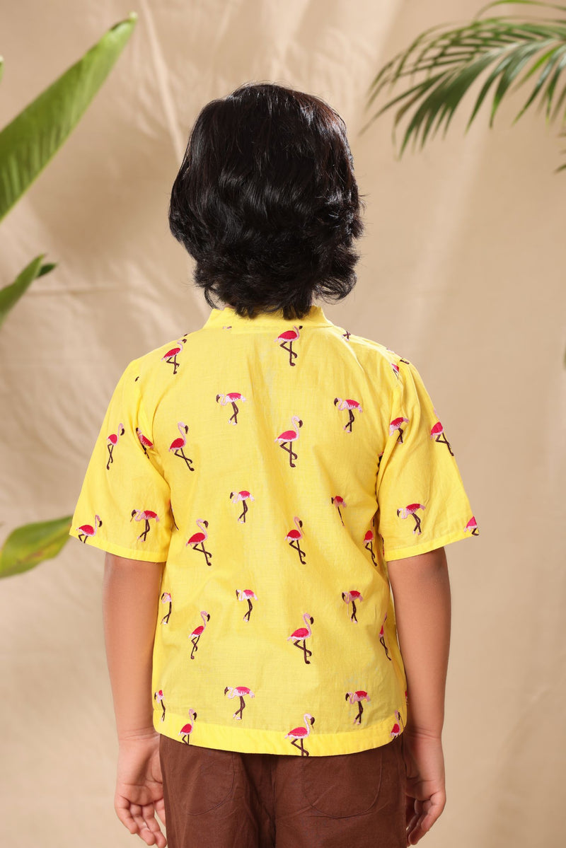 Yellow Flamingo No Collar Short Kurta