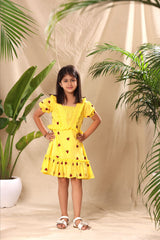 Yellow Ladybug Embroidered Fit and Flared Tier Dress with Puff Sleeves