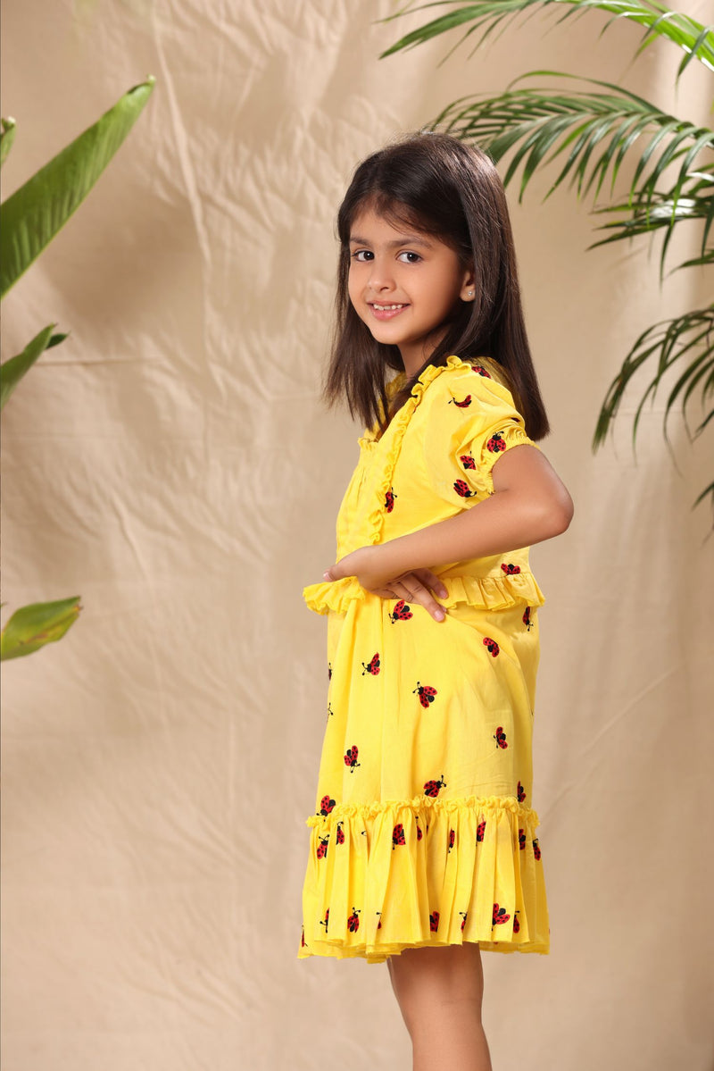 Yellow Ladybug Embroidered Fit and Flared Tier Dress with Puff Sleeves