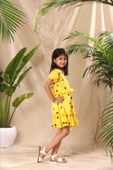 Yellow Ladybug Embroidered Fit and Flared Tier Dress with Puff Sleeves