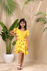 Yellow Ladybug Embroidered Fit and Flared Tier Dress with Puff Sleeves