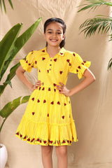 Yellow Ladybug Embroidered Collar Fit and Flare Dress with Elasticated Puff Sleeve