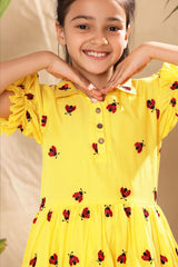 Yellow Ladybug Embroidered Collar Fit and Flare Dress with Elasticated Puff Sleeve