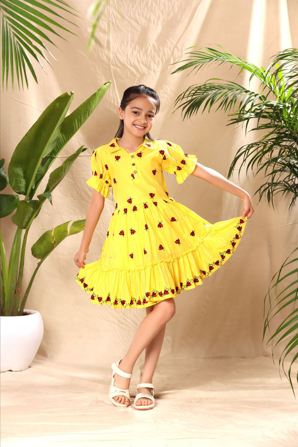 Yellow Ladybug Embroidered Collar Fit and Flare Dress with Elasticated Puff Sleeve