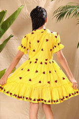 Yellow Ladybug Embroidered Collar Fit and Flare Dress with Elasticated Puff Sleeve